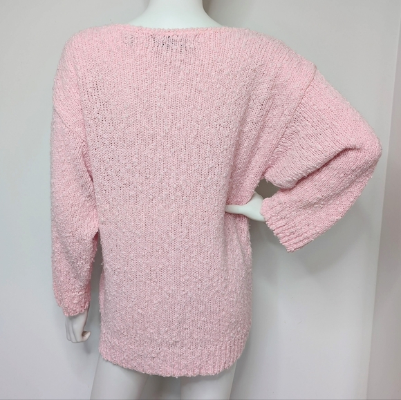 Vintage 80s 90s Light Pink Fuzzy Chunky Sweater With Satin Flowers, Beads & Gems - Picture 5 of 6